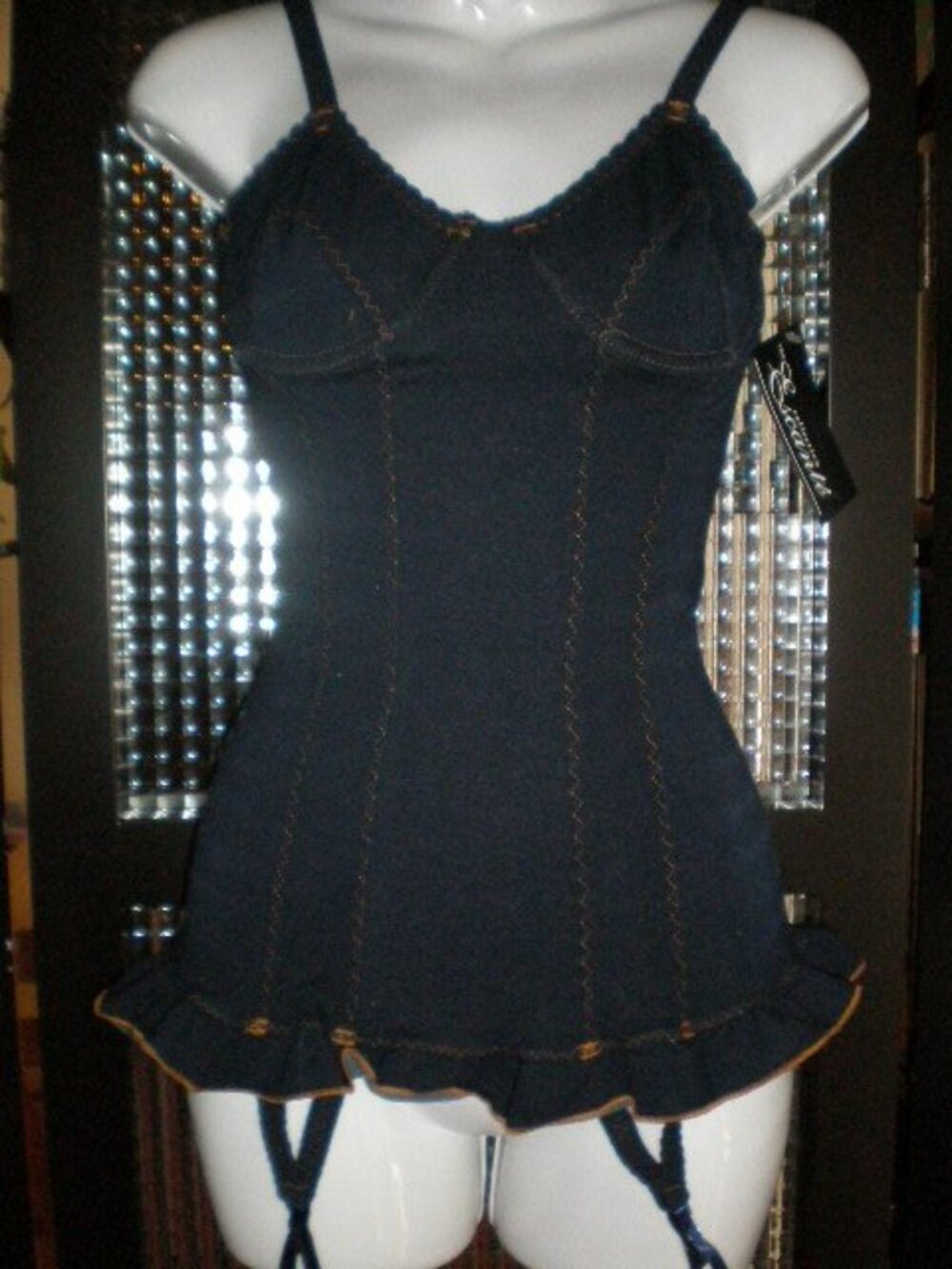 NWT Escante Denim Teddy w/Garters and Stockings set Size Small